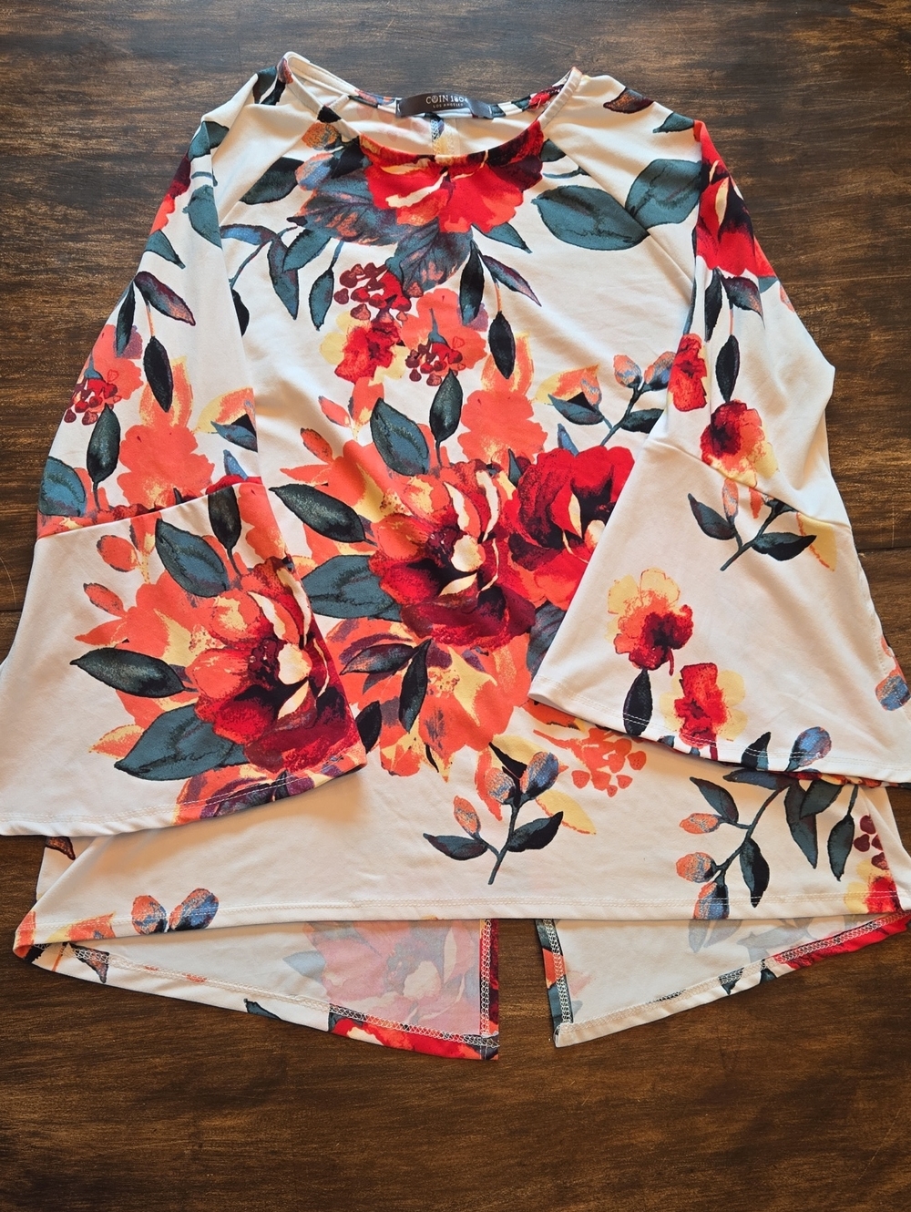 Floral Top With 3/4 Bell-Sleeve-Button Back Cream with Red Floral (Corinthian)